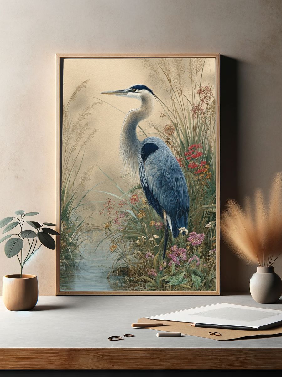Blue Heron in Marsh Illustration Poster. — room view 2