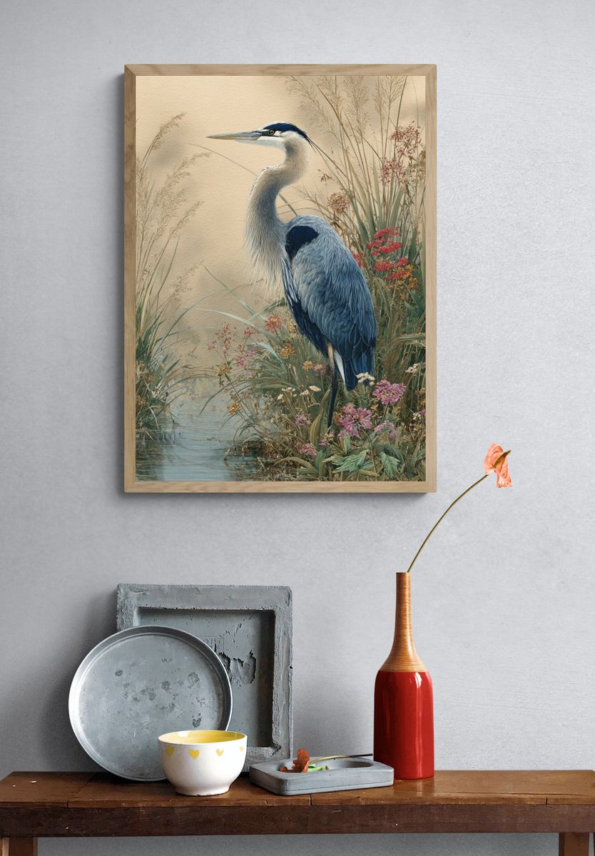 Blue Heron in Marsh Illustration Poster. — room view 3