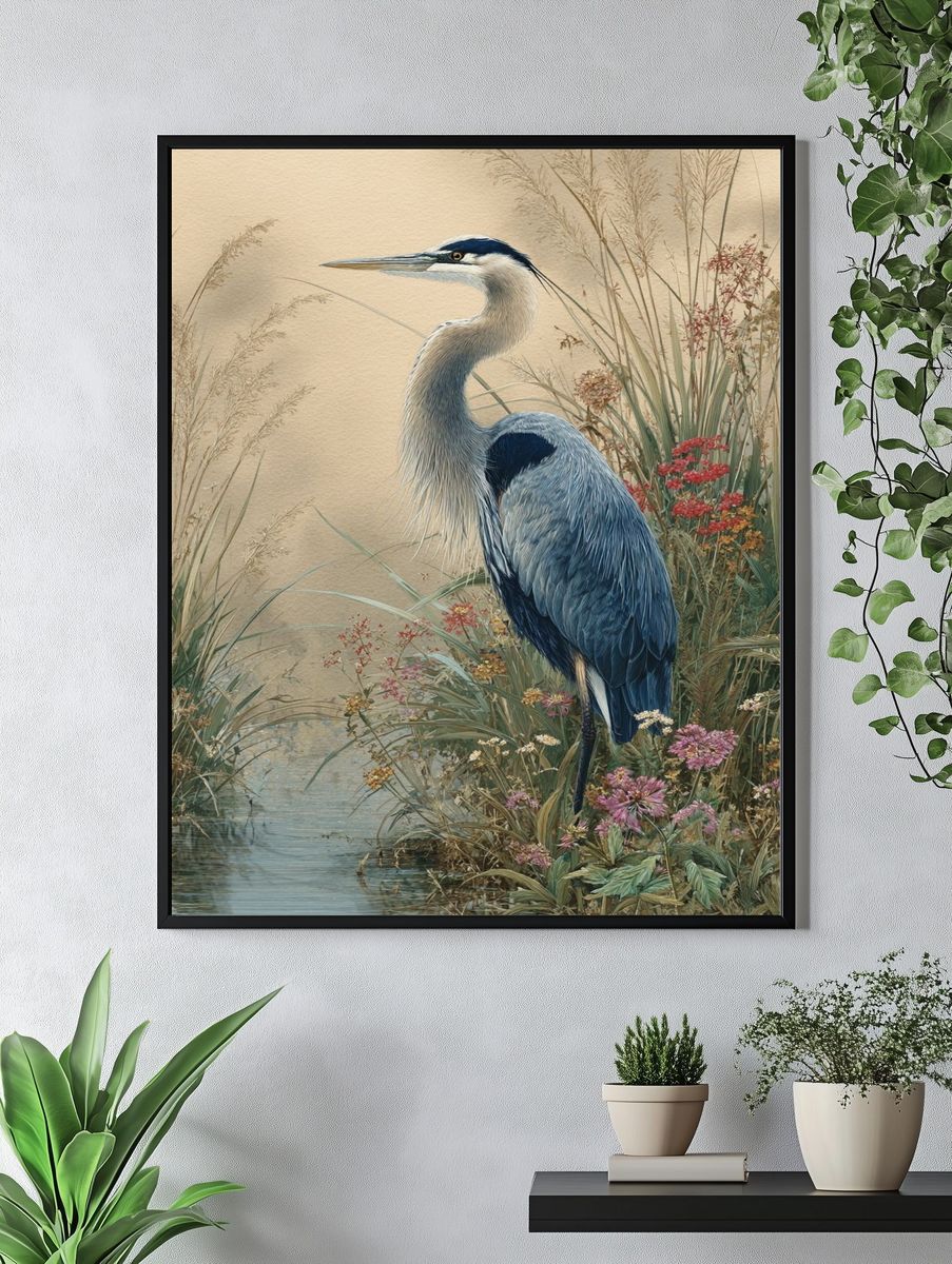 Blue Heron in Marsh Illustration Poster. — room view 4