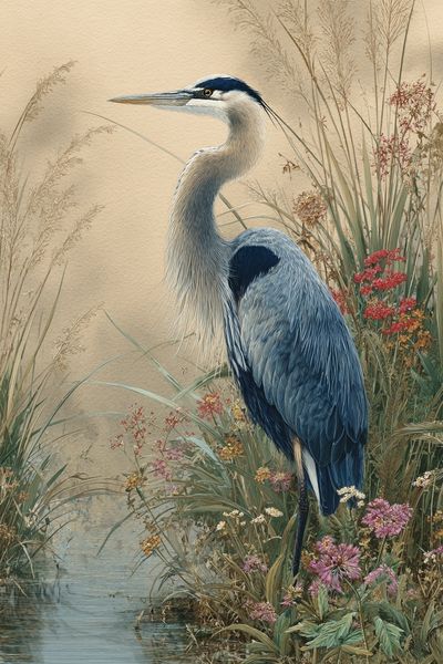 Blue Heron in Marsh Illustration Poster.