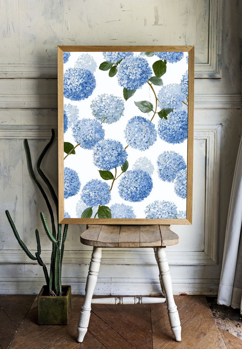 Blue Hydrangea Floral Print. — room view 1