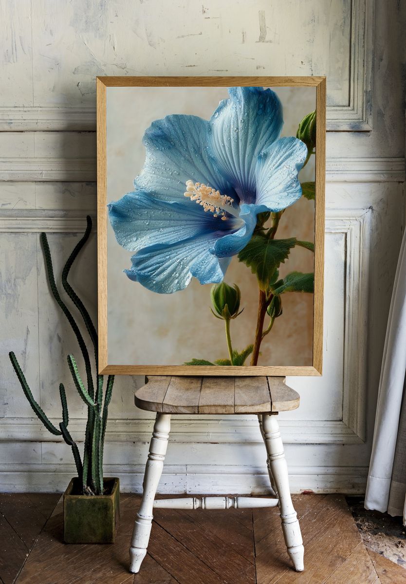 Blue Hibiscus Botanical Print. room preview