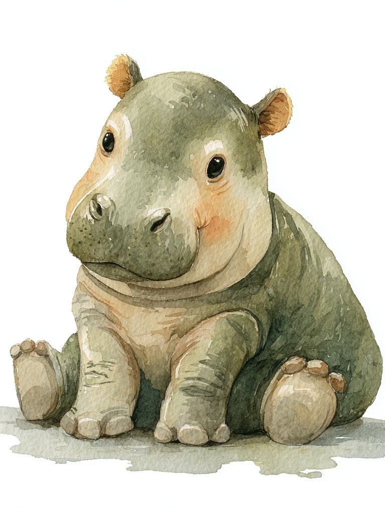 Cute Baby Hippo — Watercolor Print. poster detail