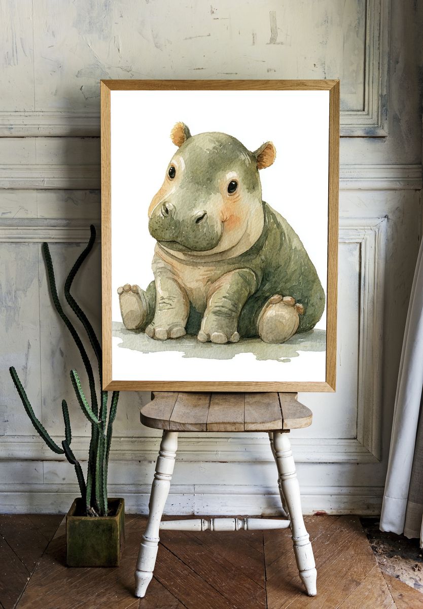 Cute Baby Hippo — Watercolor Print. — room view 1