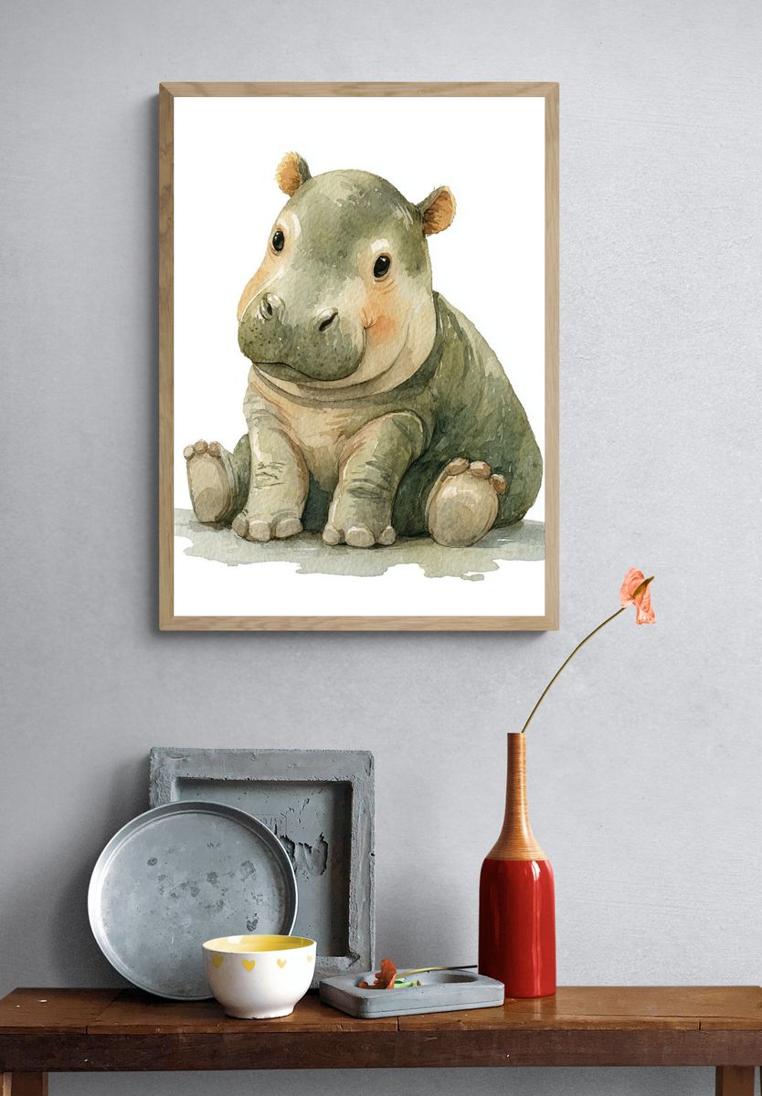 Cute Baby Hippo — Watercolor Print. — room view 3