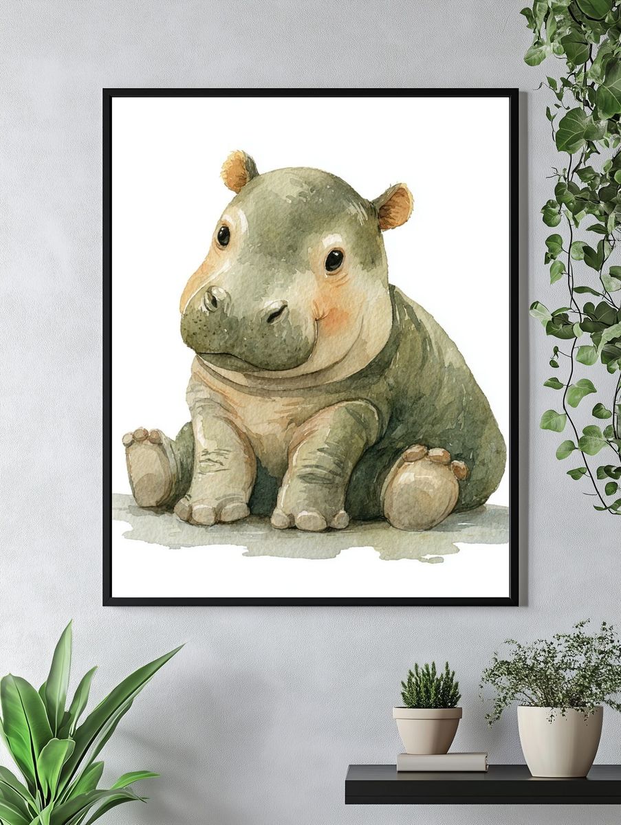 Cute Baby Hippo — Watercolor Print. — room view 4
