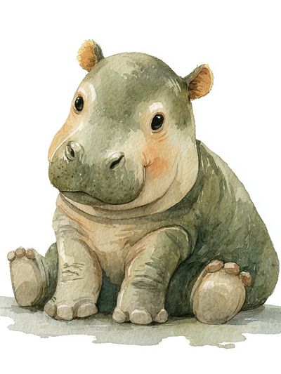 Cute Baby Hippo — Watercolor Print. poster print