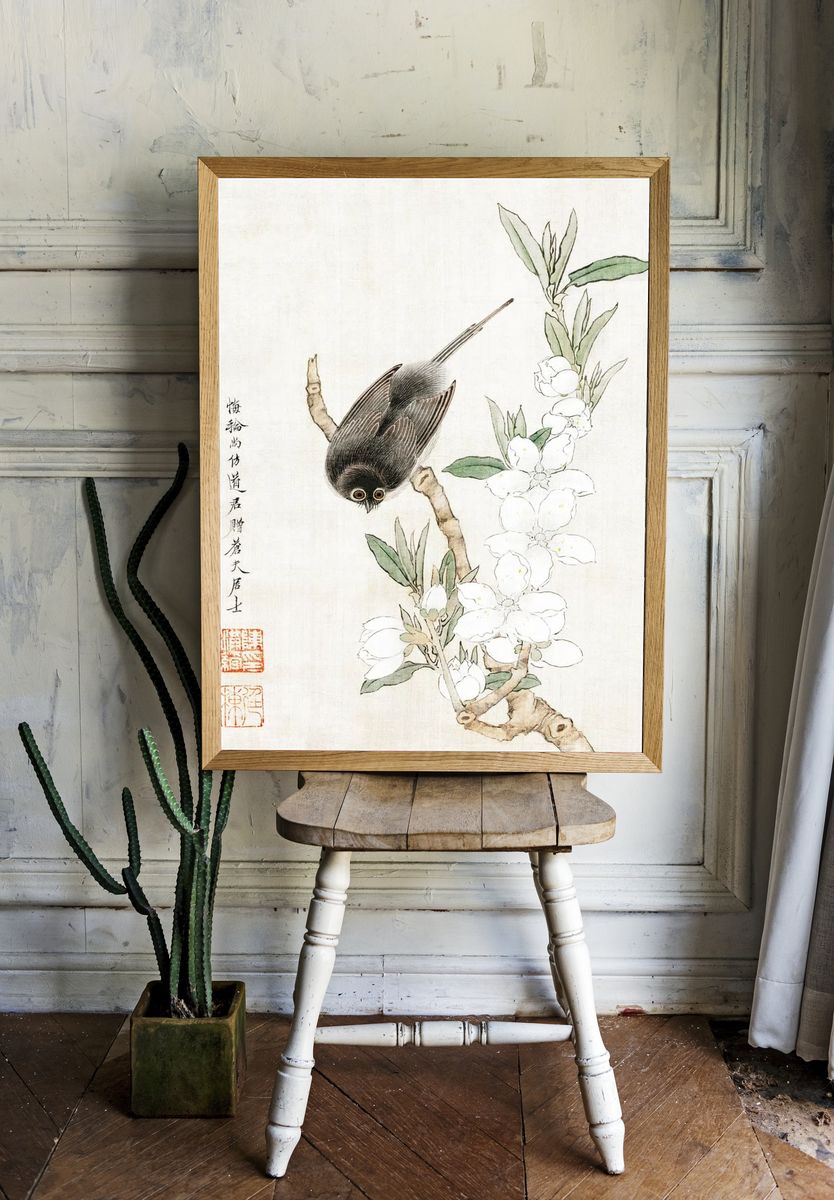 Bird on Blossom Branch — Illustration Print. — room view 1