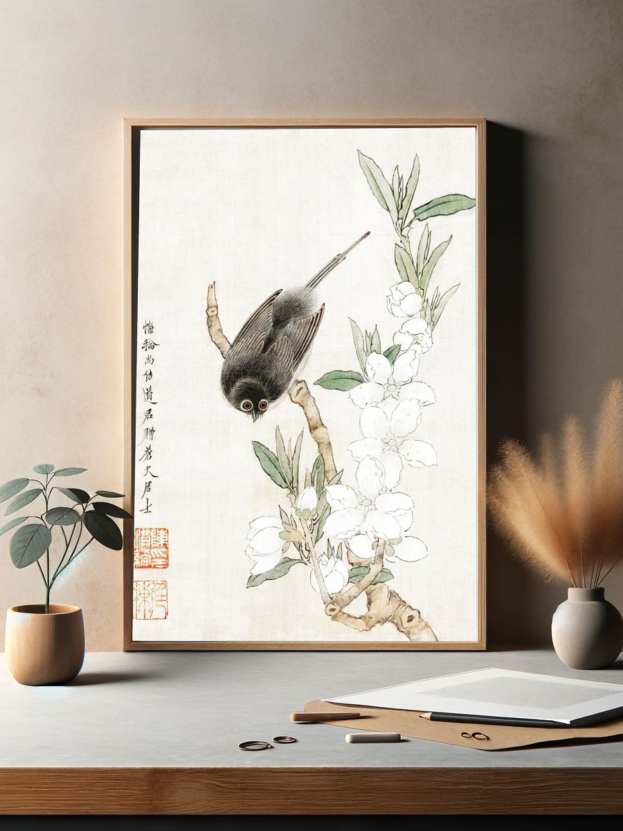 Bird on Blossom Branch — Illustration Print. — room view 2