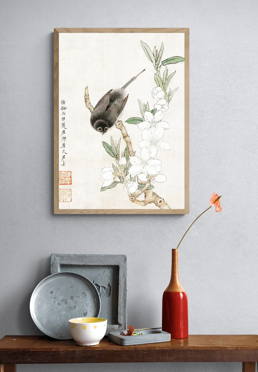 Bird on Blossom Branch — Illustration Print. — room view 3