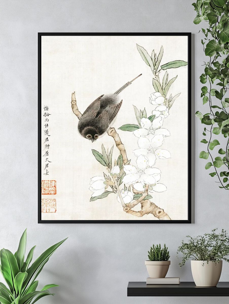 Bird on Blossom Branch — Illustration Print. — room view 4