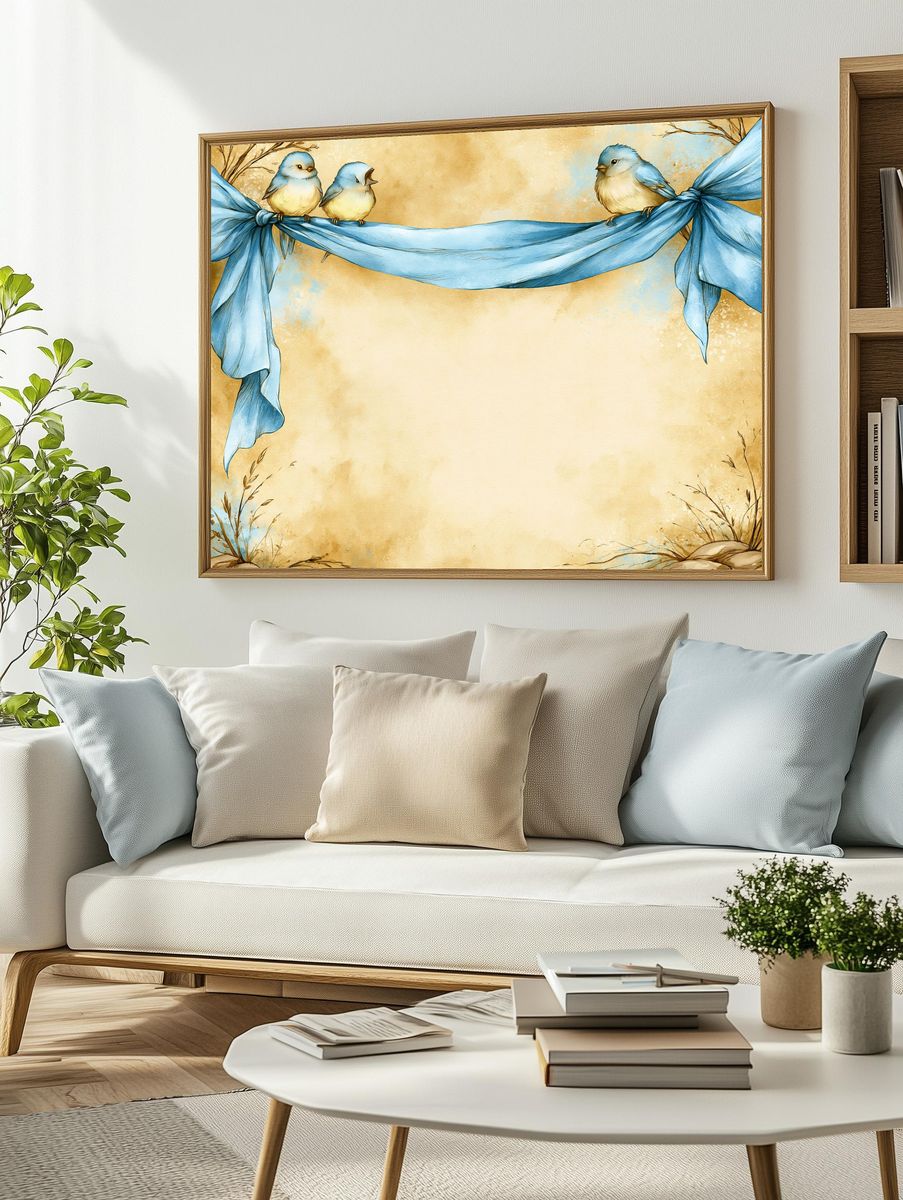 Bluebirds on Ribbon Watercolor Poster. — room view 2