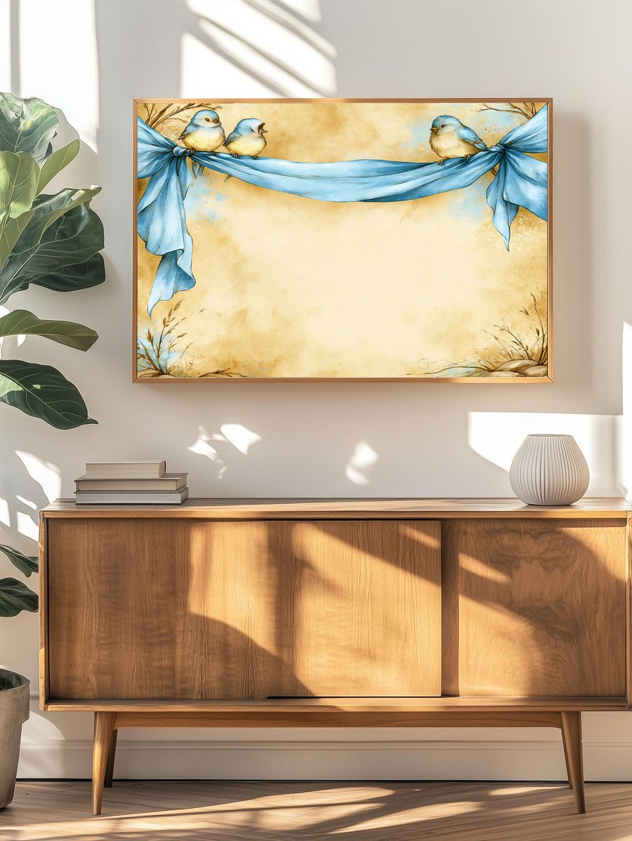 Bluebirds on Ribbon Watercolor Poster. — room view 3