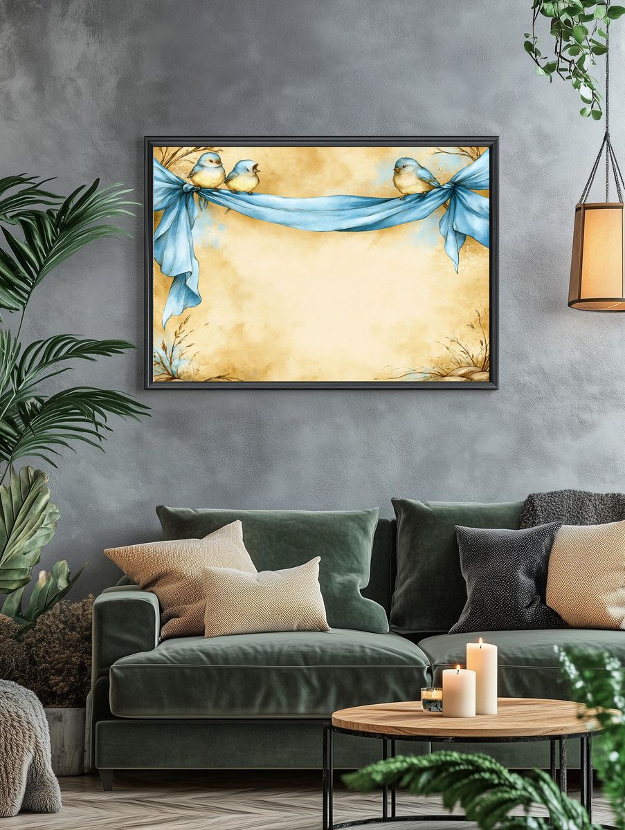 Bluebirds on Ribbon Watercolor Poster. — room view 4
