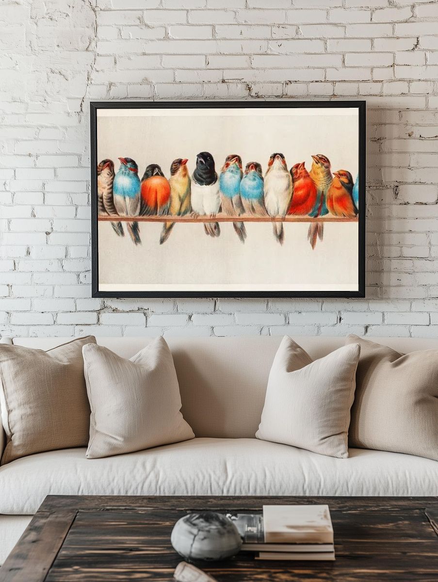 Colorful Birds on a Branch — Vintage Print. — room view 1