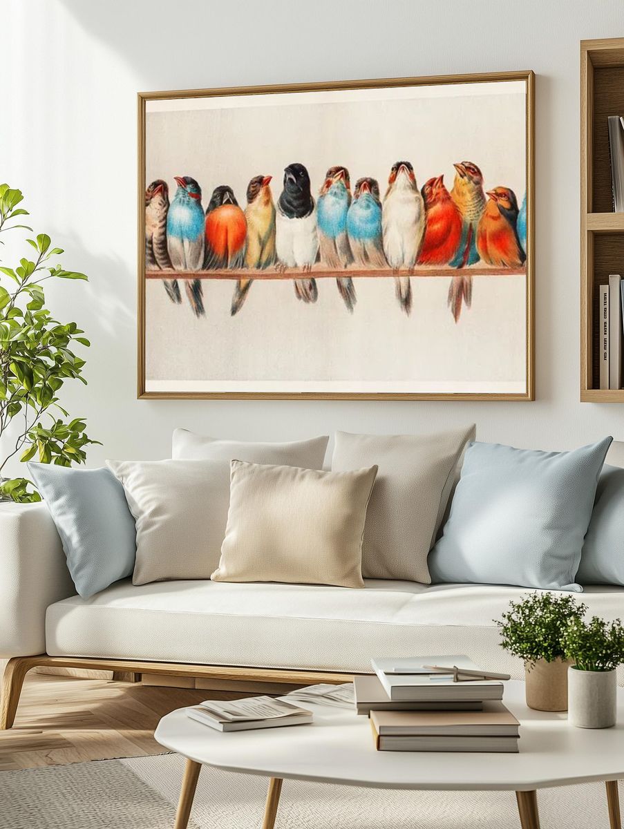Colorful Birds on a Branch — Vintage Print. — room view 2