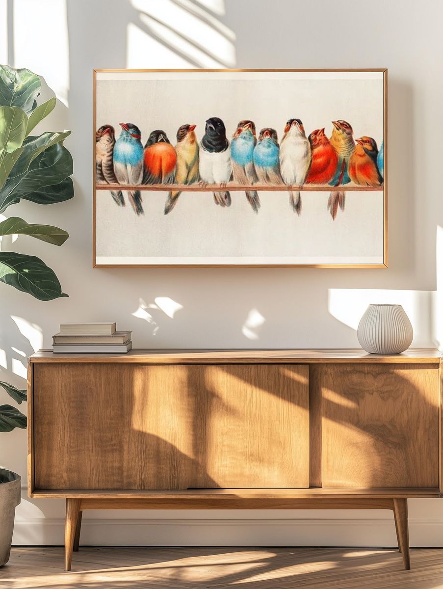 Colorful Birds on a Branch — Vintage Print. — room view 3