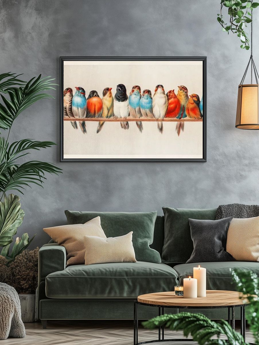 Colorful Birds on a Branch — Vintage Print. — room view 4
