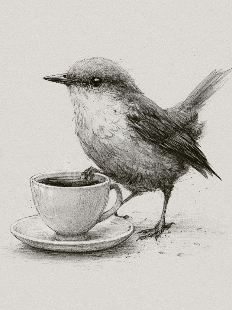 Bird and Coffee Cup Illustration Poster. poster — illustration art
