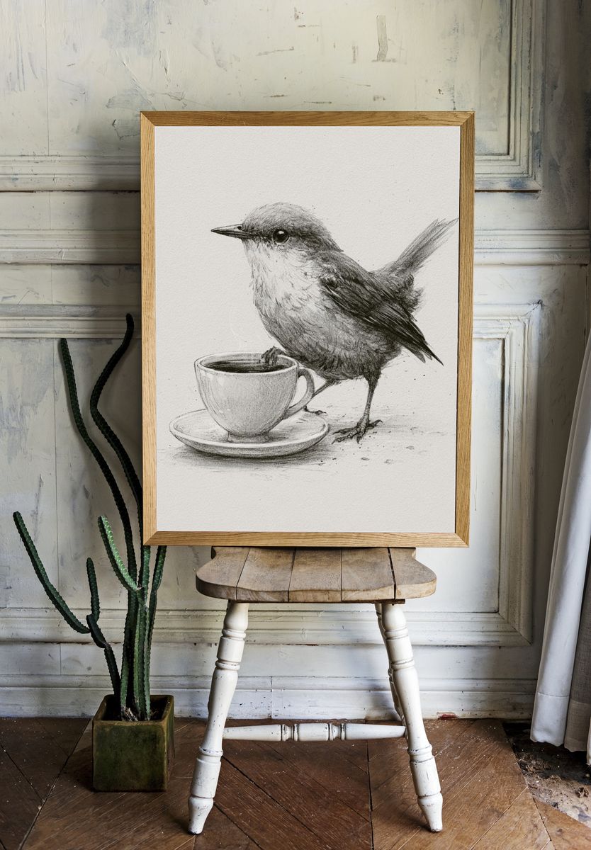 Bird and Coffee Cup Illustration Poster. room preview