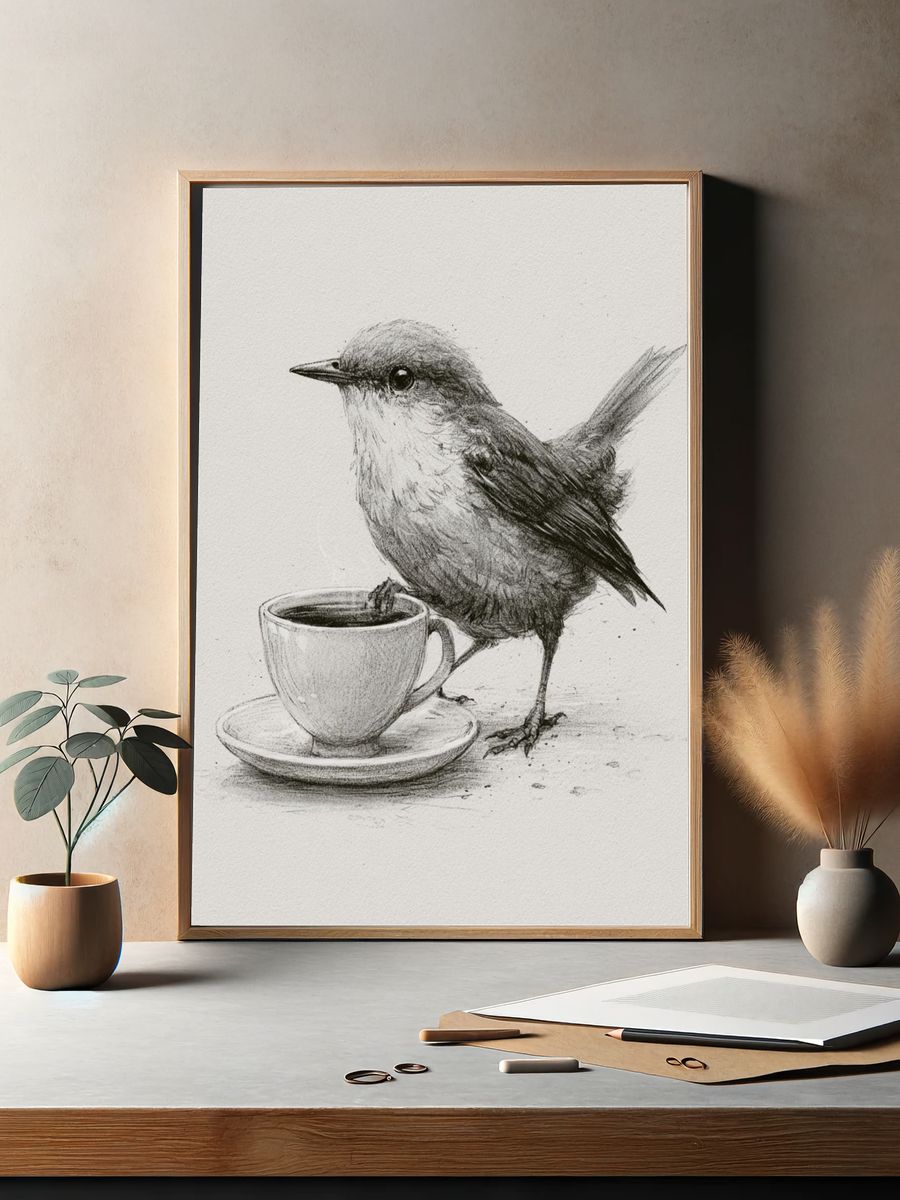 Bird and Coffee Cup Illustration Poster. — room view 2