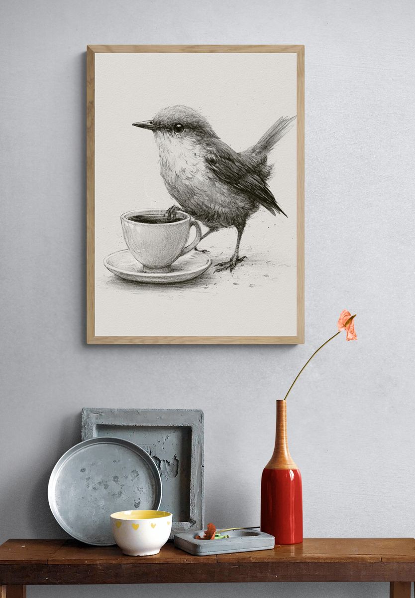 Bird and Coffee Cup Illustration Poster. — room view 3