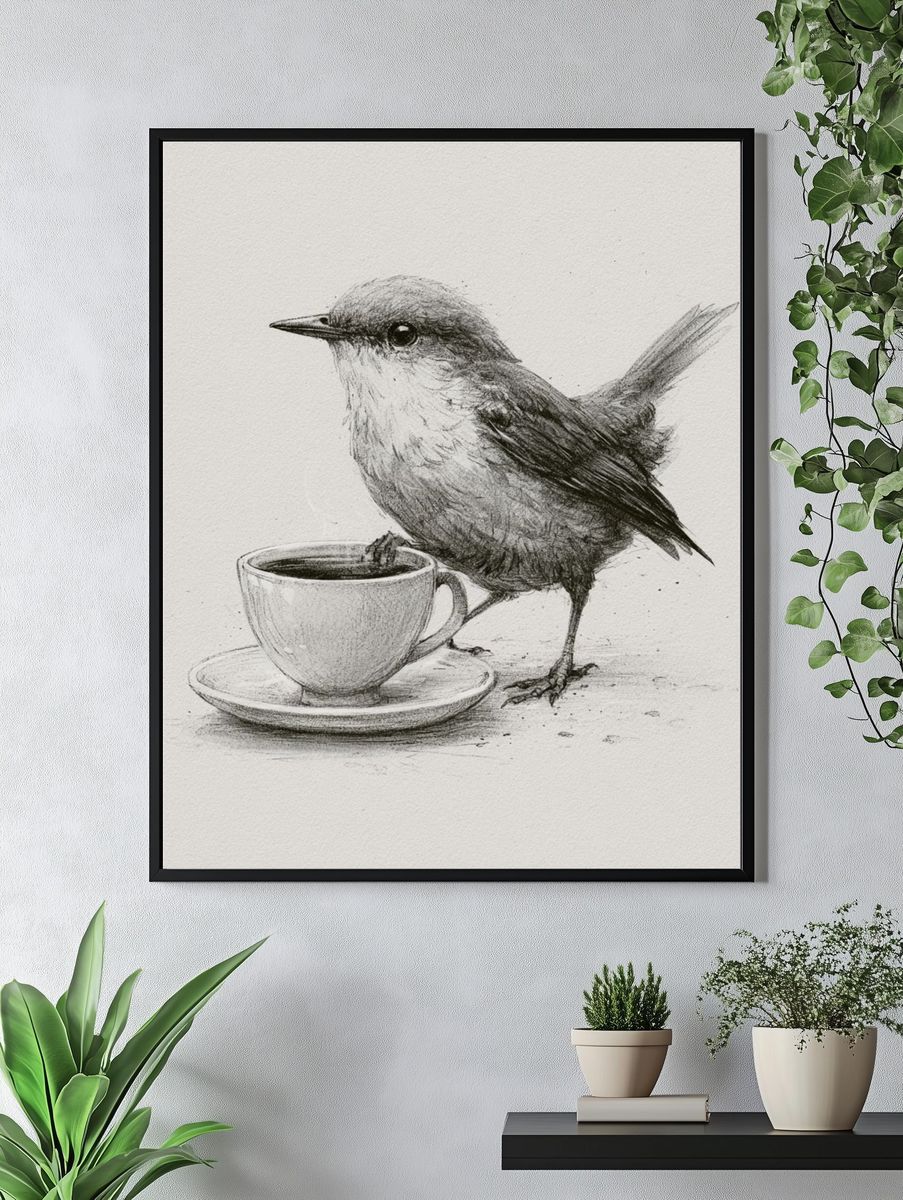 Bird and Coffee Cup Illustration Poster. — room view 4