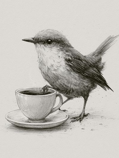 Bird and Coffee Cup Illustration Poster.
