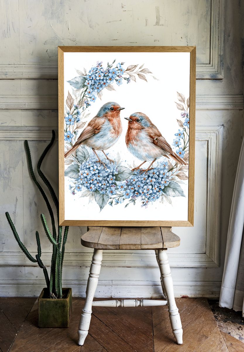 Bluebirds and Blossoms Watercolor Print. room preview