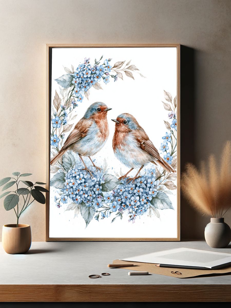 Bluebirds and Blossoms Watercolor Print. — room view 2