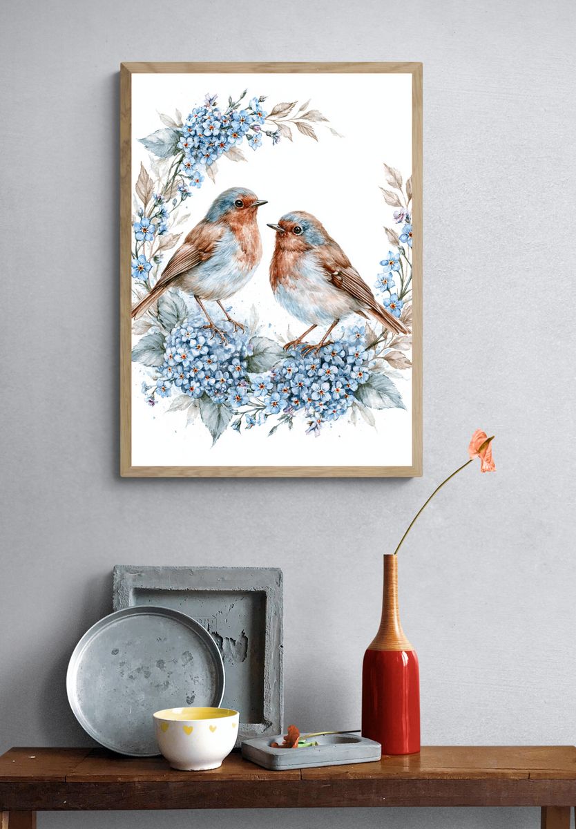 Bluebirds and Blossoms Watercolor Print. — room view 3