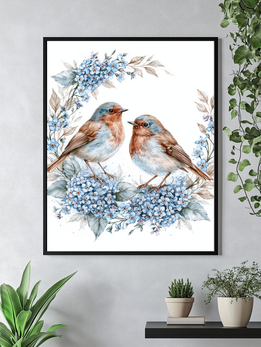 Bluebirds and Blossoms Watercolor Print. — room view 4