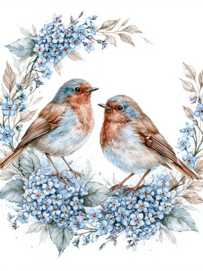 Bluebirds and Blossoms Watercolor Print.