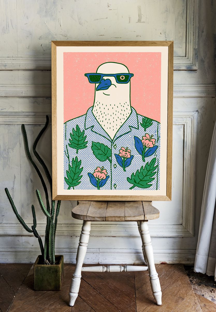 Cool Bird Floral Illustration Poster. room preview