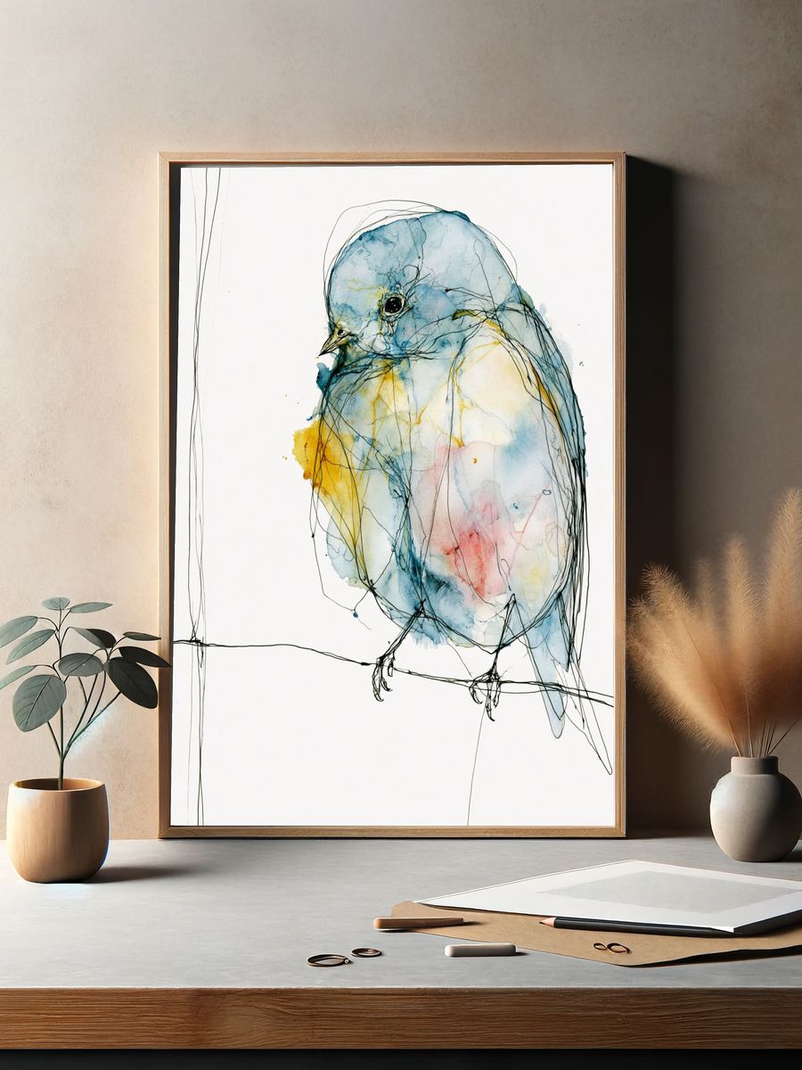 Pastel Bird Watercolor Print. — room view 2