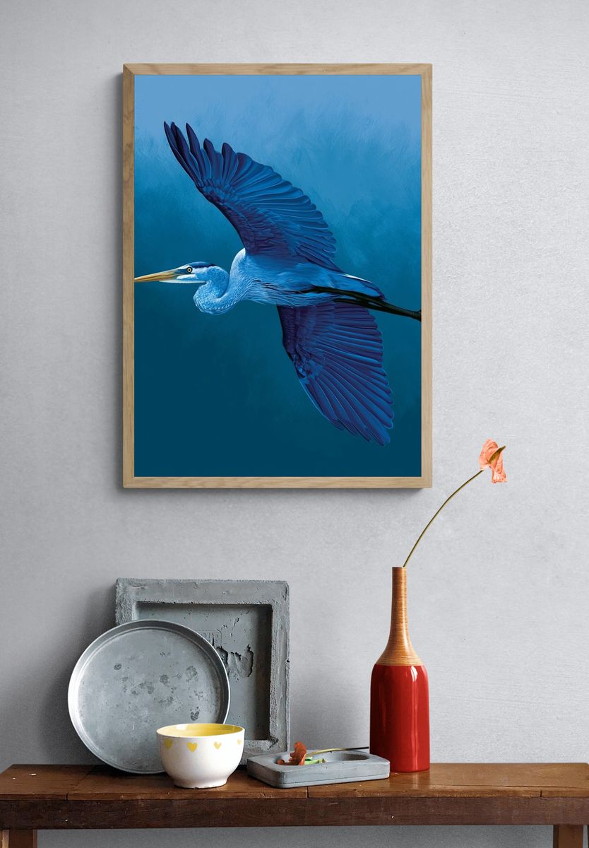 Blue Heron Flight Poster. — room view 3