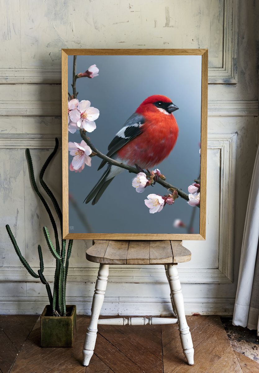 Red Bird on Blossom Branch Poster. room preview