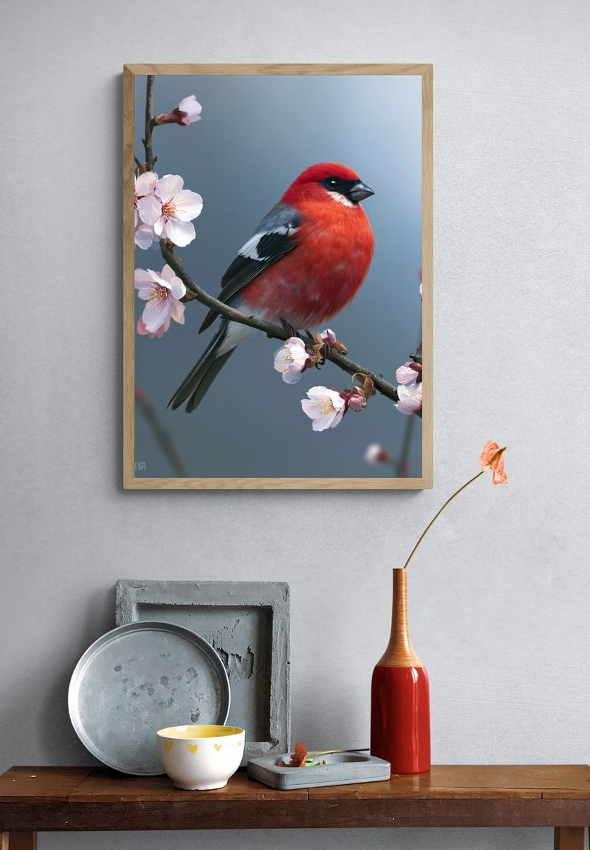 Red Bird on Blossom Branch Poster. — room view 3