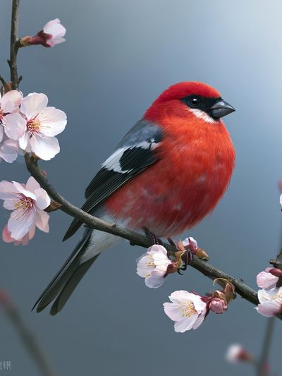 Red Bird on Blossom Branch Poster. poster