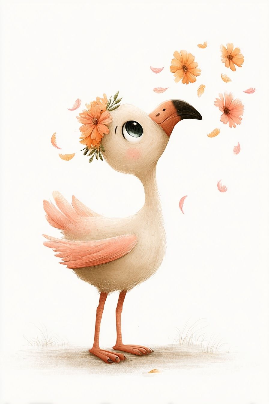 Whimsical Bird with Flowers — Illustration Print. poster detail