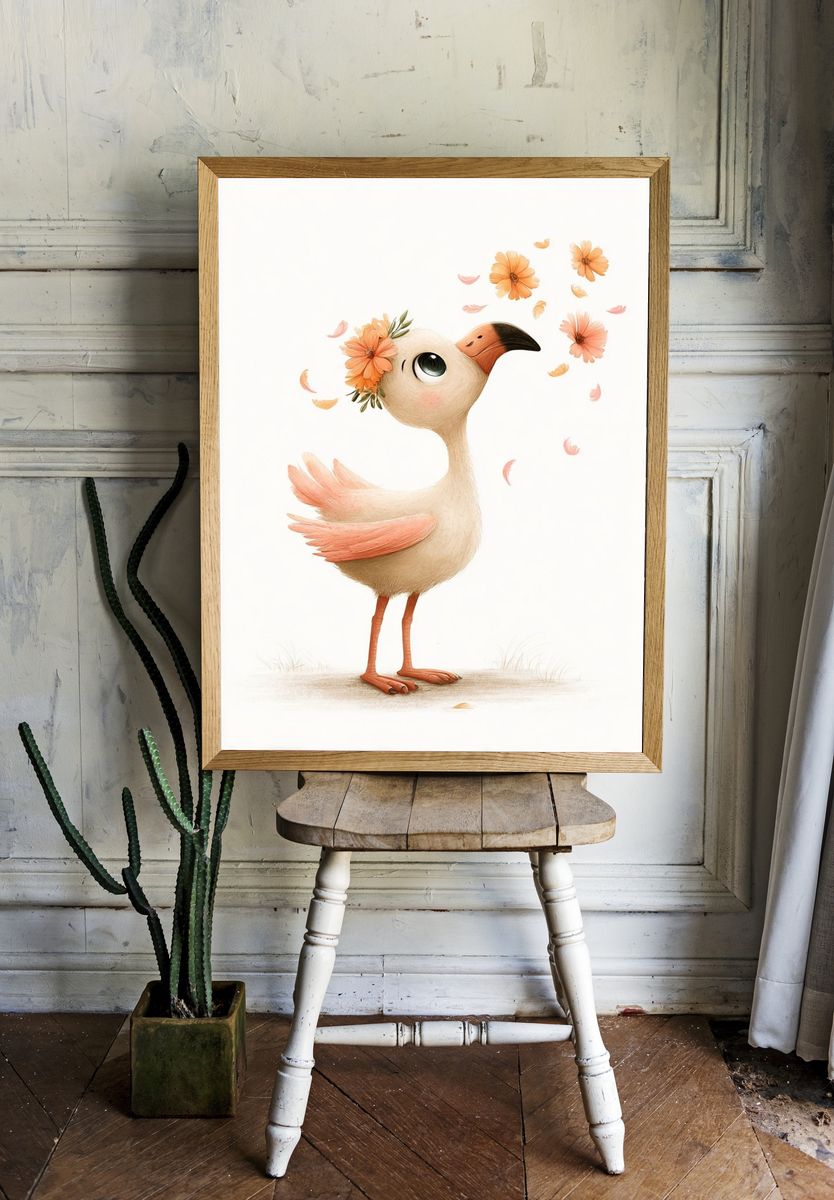 Whimsical Bird with Flowers — Illustration Print. — room view 1