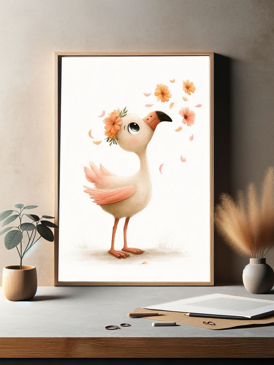 Whimsical Bird with Flowers — Illustration Print. — room view 2