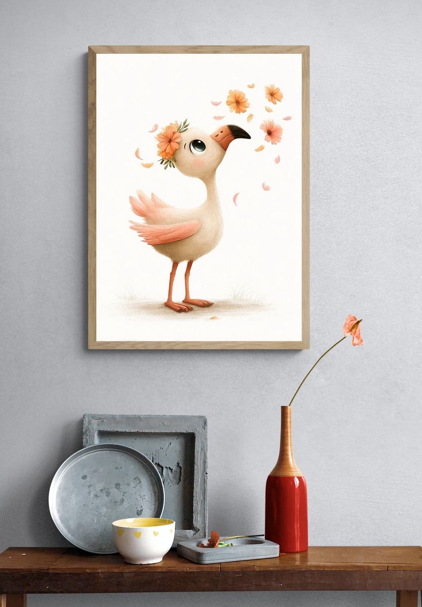 Whimsical Bird with Flowers — Illustration Print. — room view 3