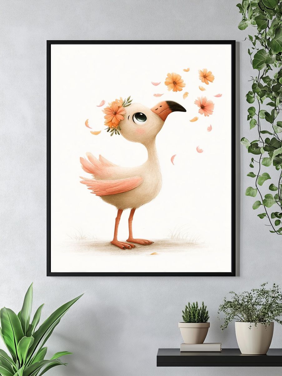 Whimsical Bird with Flowers — Illustration Print. — room view 4