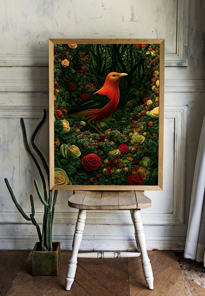 Golden Bird in Rose Garden Poster. room preview