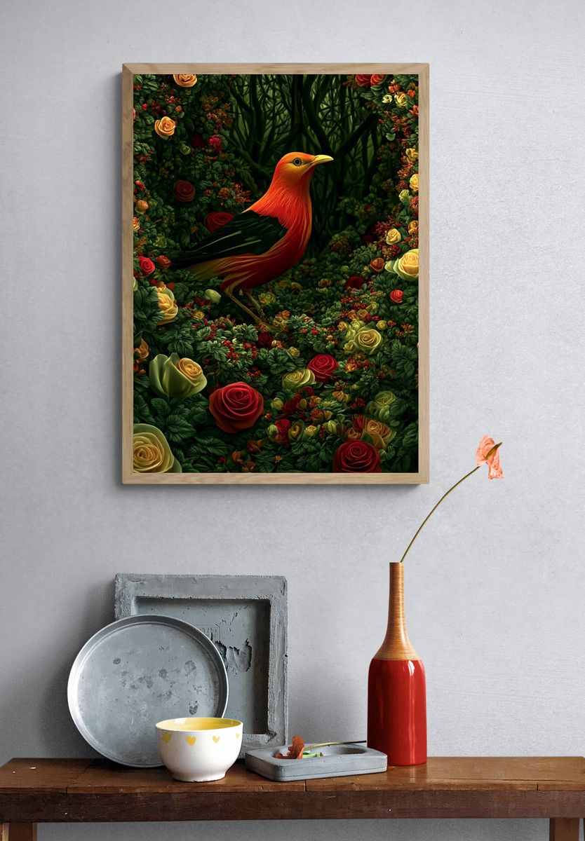 Golden Bird in Rose Garden Poster. — room view 3