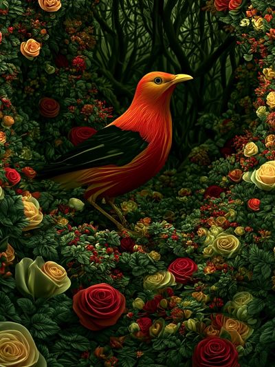 Golden Bird in Rose Garden Poster.