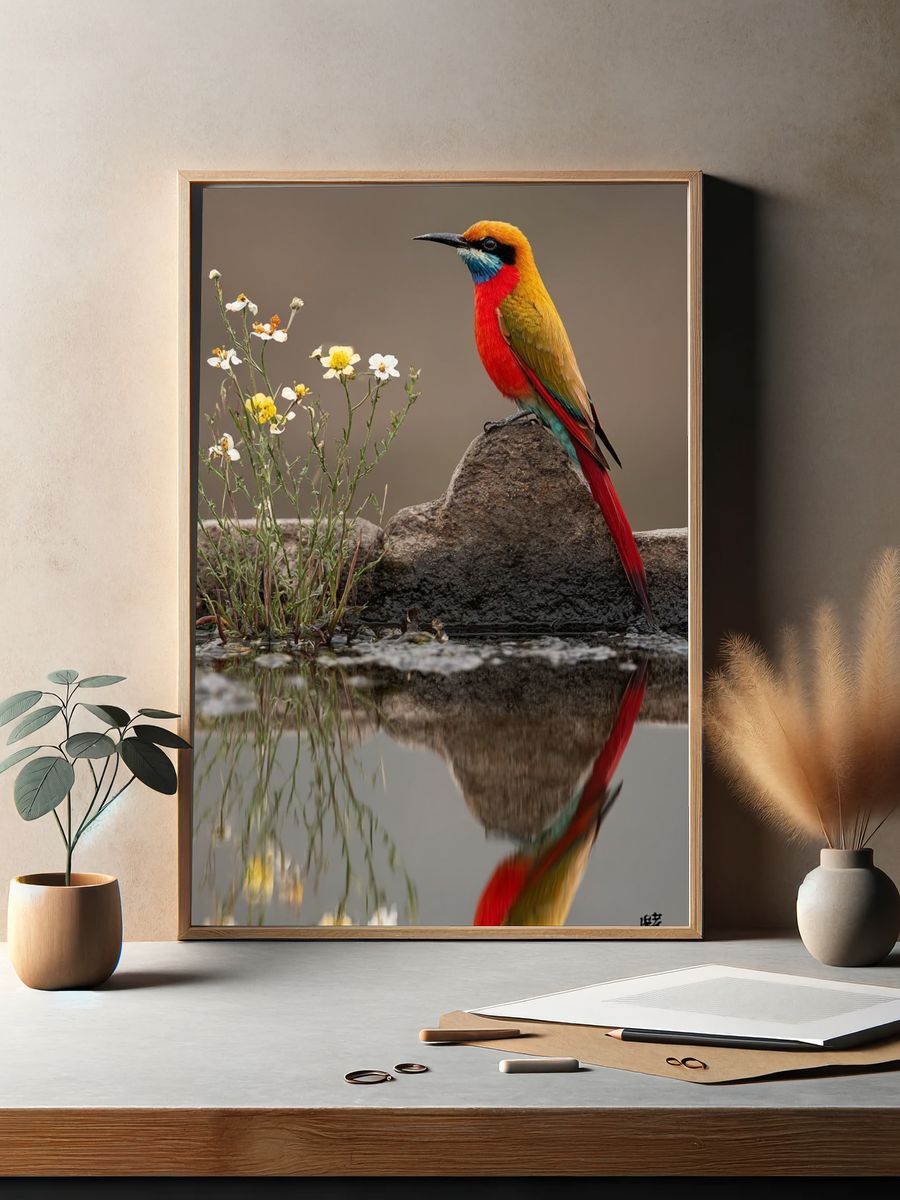 Colorful Bird Reflection Photography Poster. — room view 2