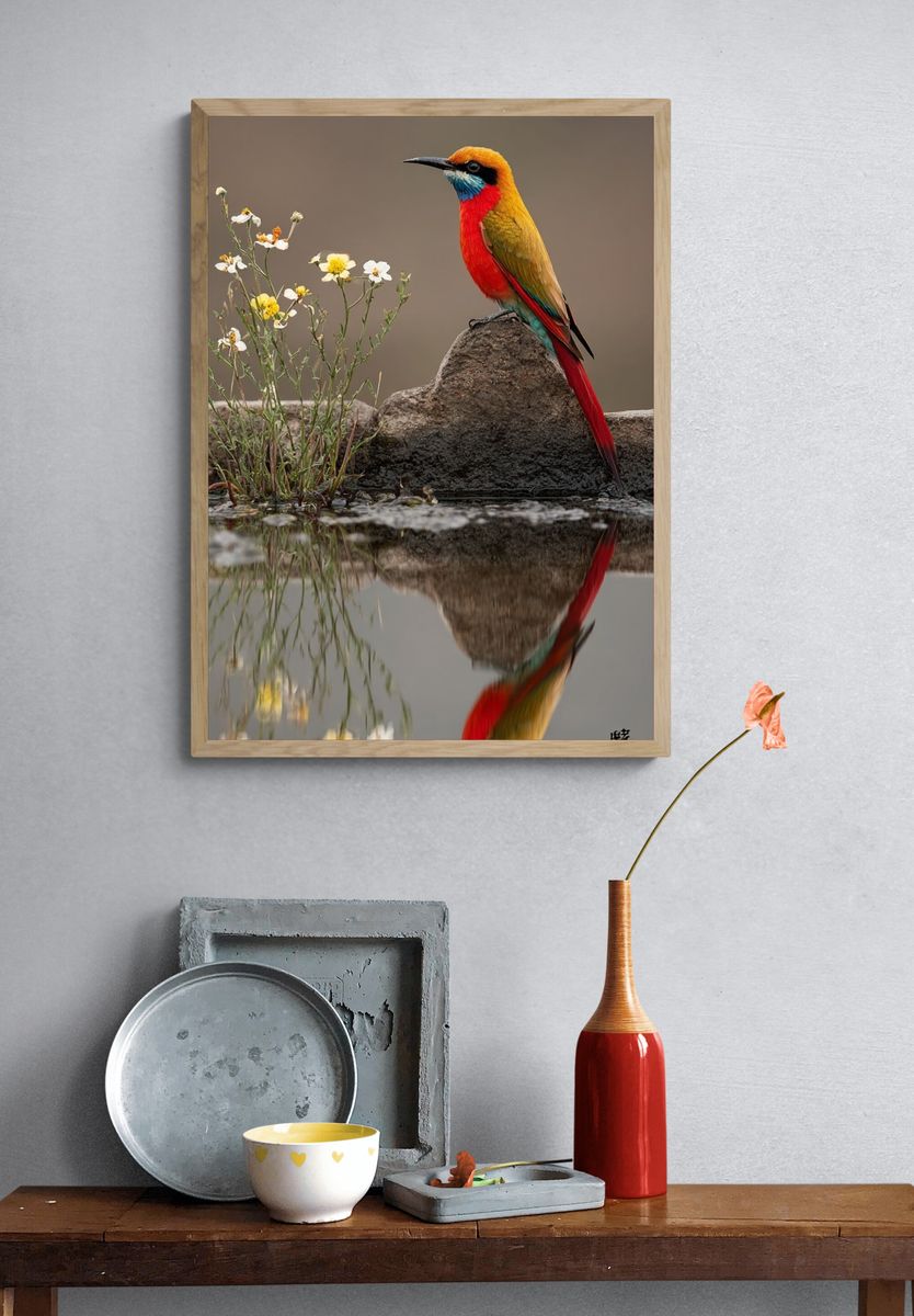 Colorful Bird Reflection Photography Poster. — room view 3