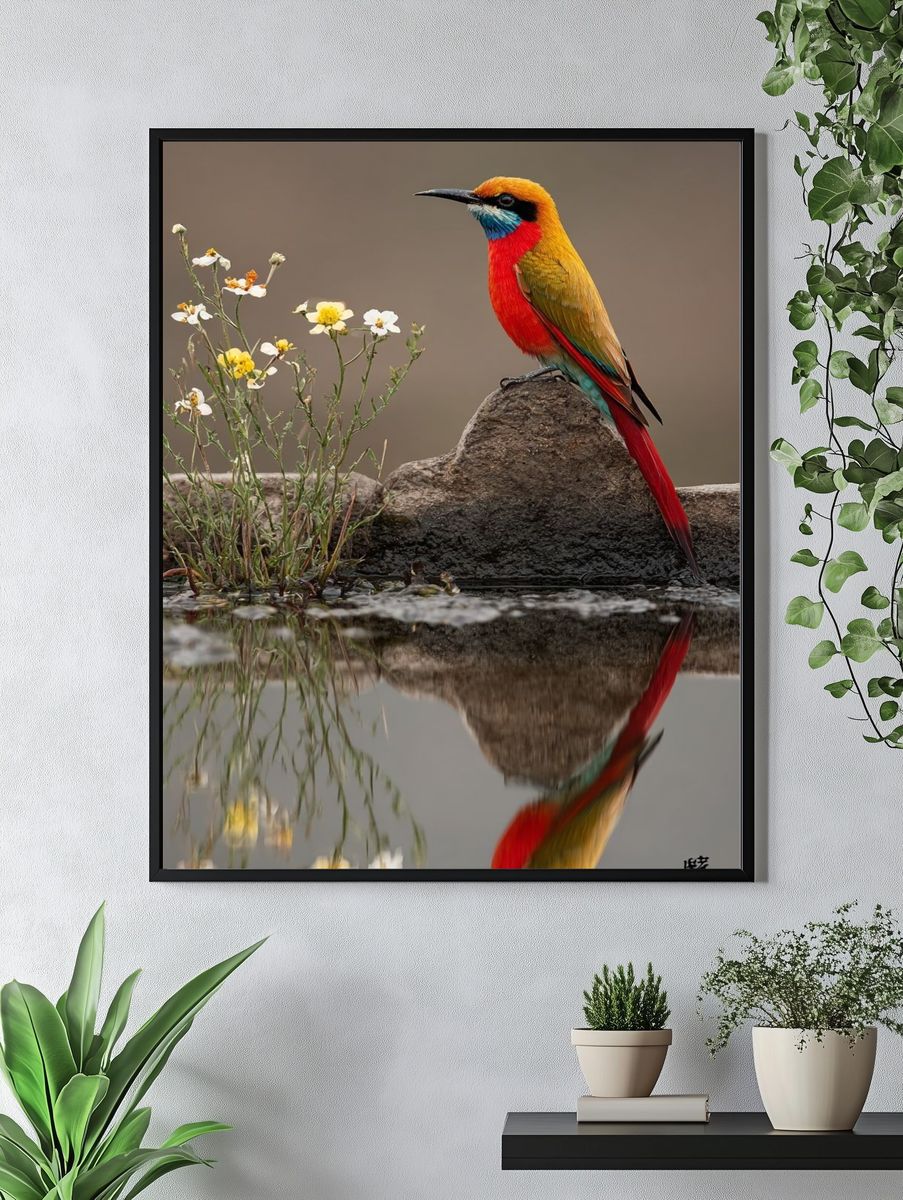Colorful Bird Reflection Photography Poster. — room view 4